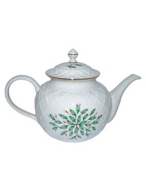 LENOX Dimensions Collection Holiday white TEAPOT green holly 7.5" tall with lid